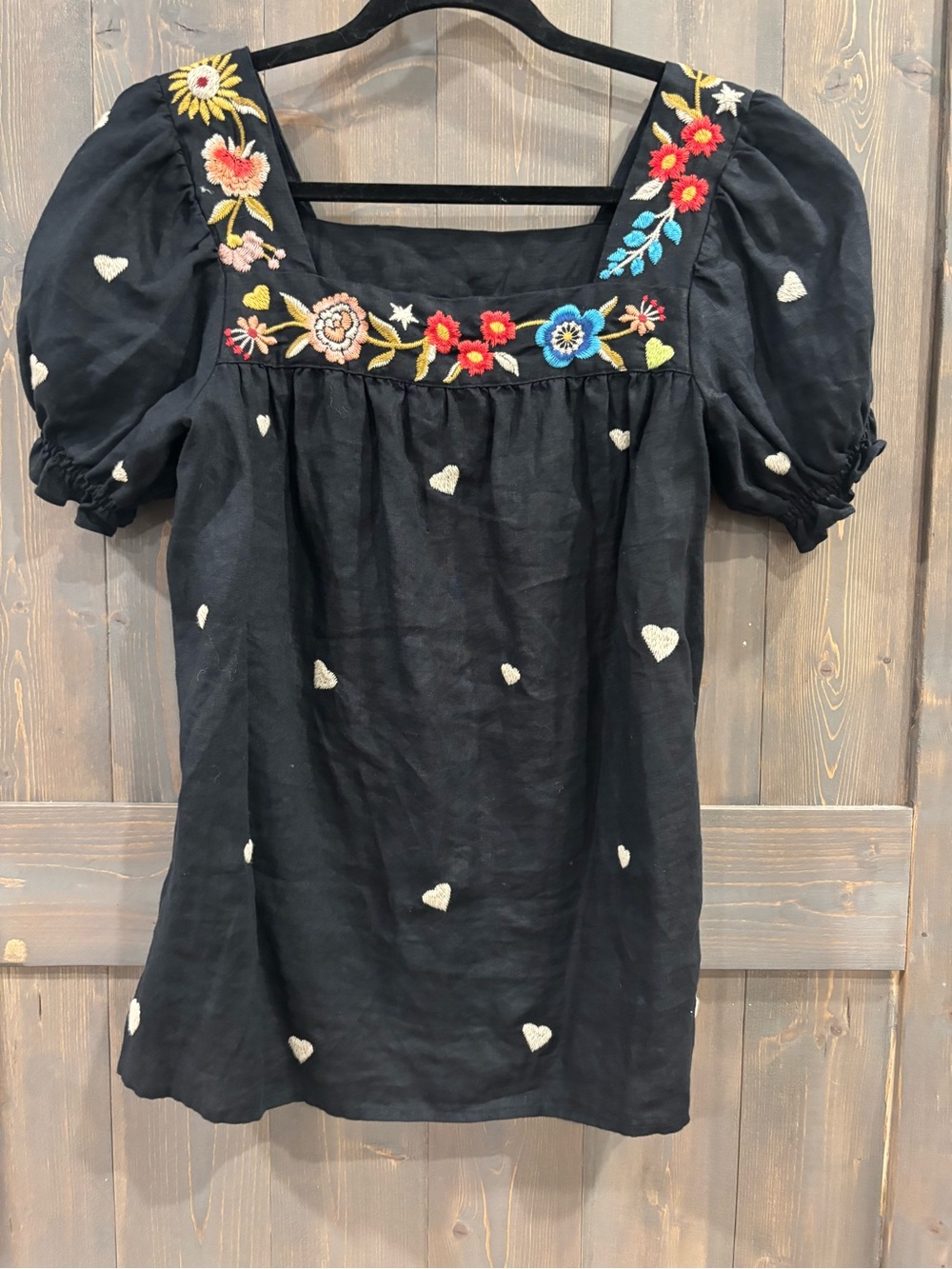 Johnny Was Black Embroidered Square-Neck Tunic with Multi-Color Florals
